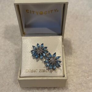 Blue Cubic Zirconia Flower Earrings